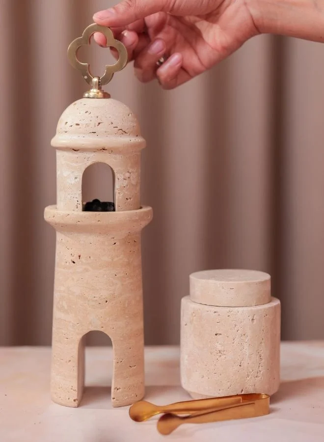 Casa Quesera  Terra Travertine Aroma Tower Bakhoor Burner Set with Storage Box and Tong by Casa Quesera  | Best Price UAE